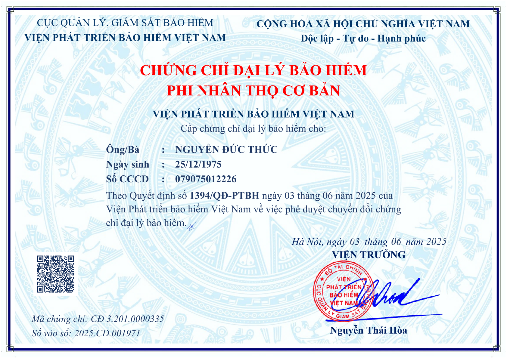 Chứng chỉ đại l&yacute; bảo hiểm phi nh&acirc;n thọ - Bảo Việt Miền Nam