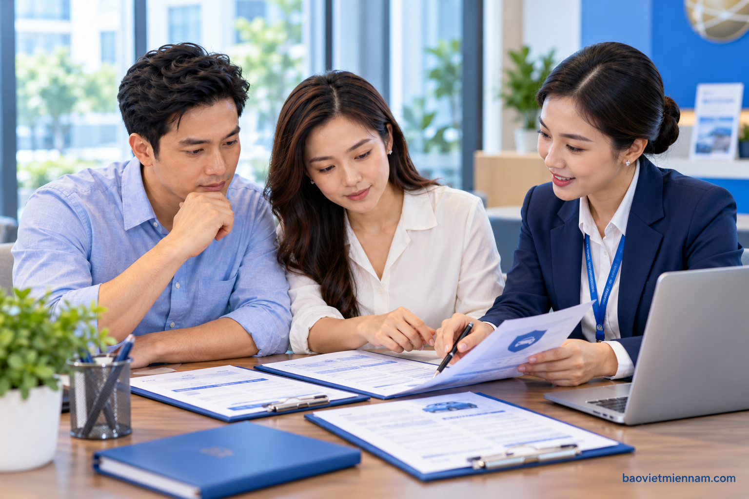 Kh&aacute;ch h&agrave;ng ngồi c&ugrave;ng nh&acirc;n vi&ecirc;n tư vấn kiểm tra giấy chứng nhận v&agrave; hợp đồng bảo hiểm th&acirc;n vỏ &ocirc; t&ocirc; trước khi thanh to&aacute;n tại văn ph&ograve;ng Bảo Việt Miền Nam