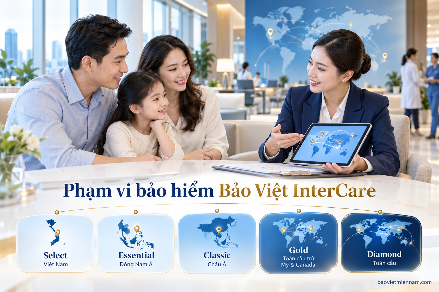 Phạm vi bảo hiểm Bảo Việt InterCare theo 5 v&ugrave;ng l&atilde;nh thổ từ Việt Nam đến to&agrave;n cầu