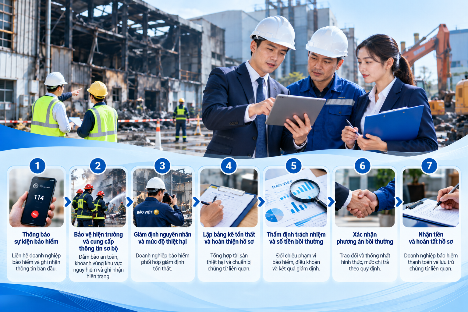 Quy tr&igrave;nh bồi thường bảo hiểm ch&aacute;y nổ bắt buộc gồm 7 bước từ th&ocirc;ng b&aacute;o đến nhận bồi thường