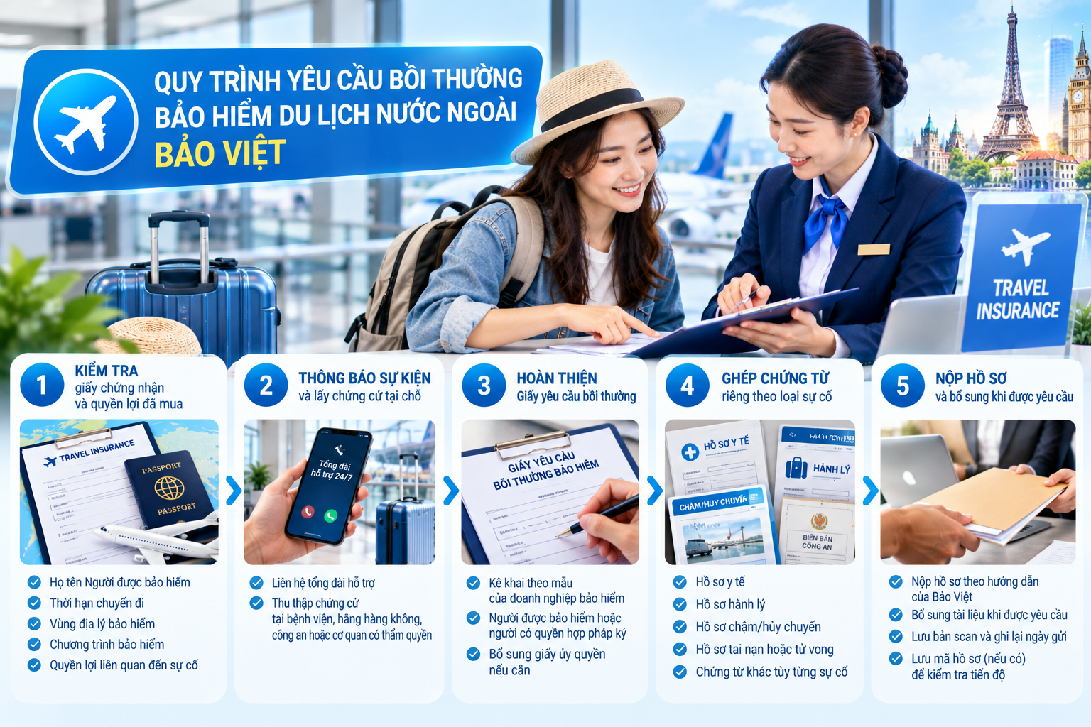 Quy tr&igrave;nh y&ecirc;u cầu bồi thường bảo hiểm du lịch nước ngo&agrave;i Bảo Việt gồm 5 bước