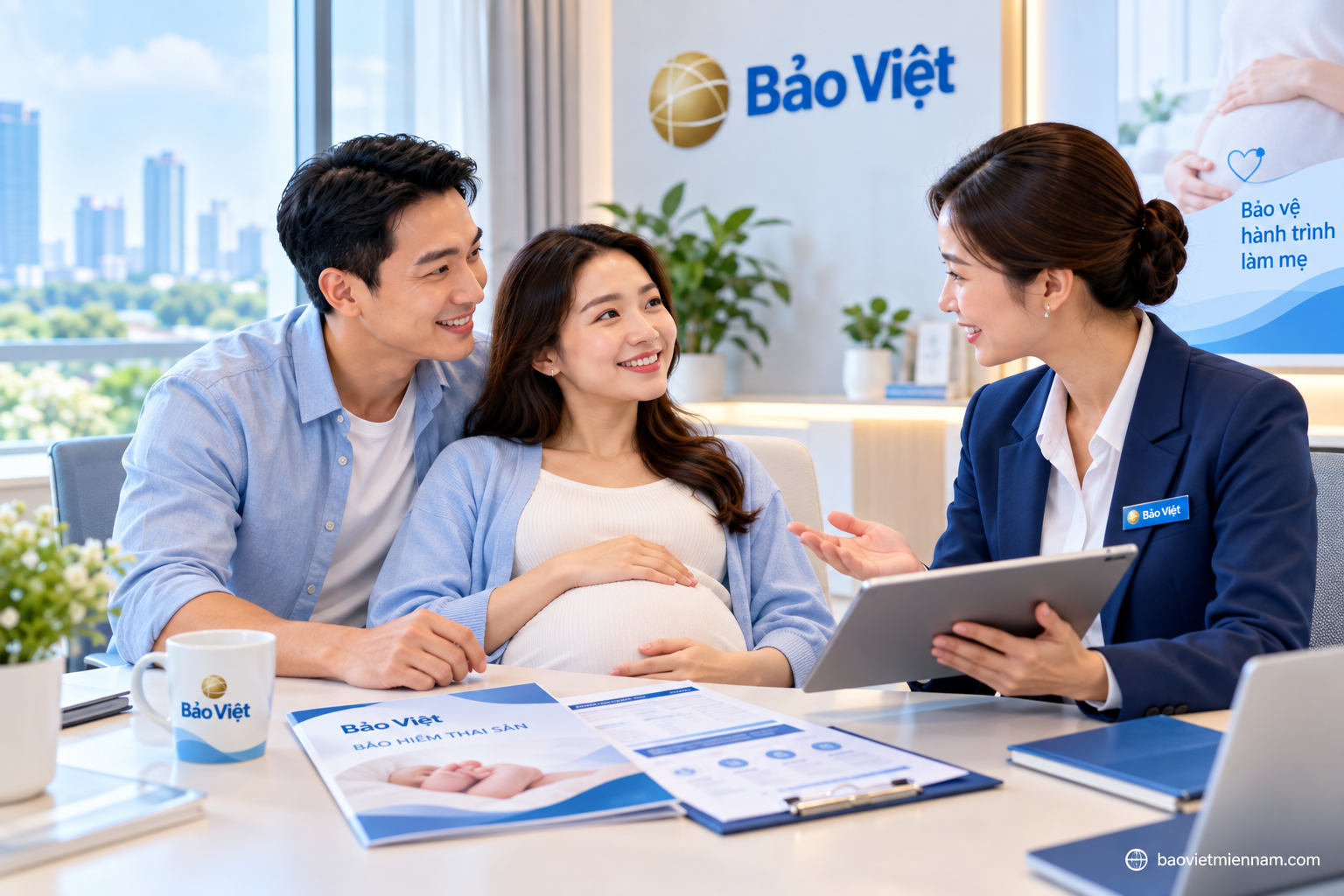 Hai vợ chồng t&igrave;m hiểu quyền lợi bảo hiểm thai sản Bảo Việt trước khi sinh