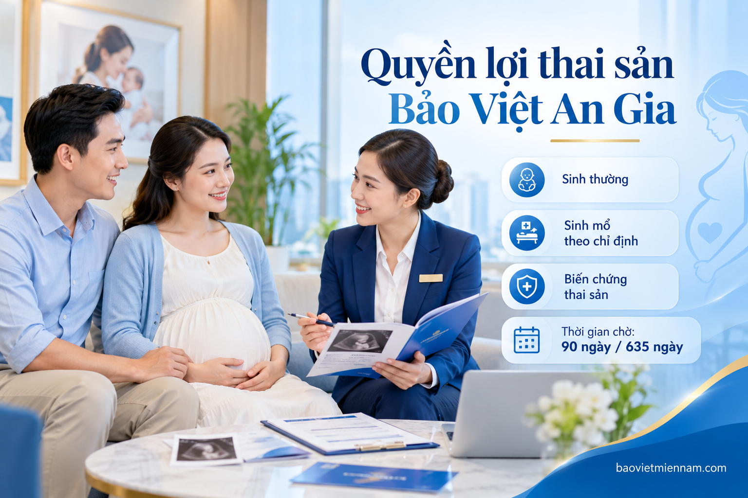 Quyền lợi thai sản Bảo Việt An Gia gồm sinh thường, sinh mổ v&agrave; biến chứng thai sản