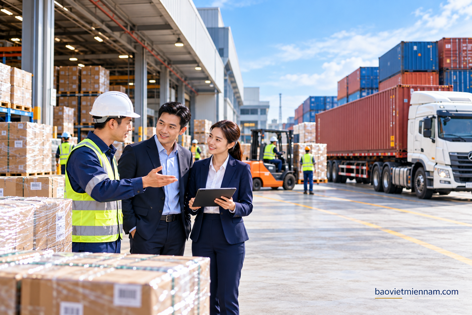 Nh&acirc;n sự doanh nghiệp trao đổi tại kho xưởng c&oacute; xe container khi t&igrave;m hiểu ph&iacute; bảo hiểm h&agrave;ng h&oacute;a vận chuyển nội địa Bảo Việt